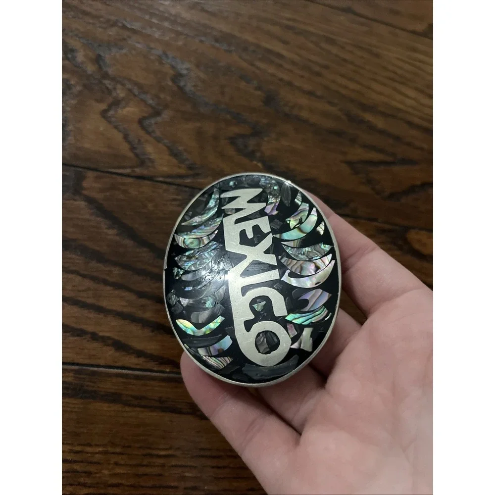 Vintage Mexico Alpaca Silver Abalone Mother Of Pearl Inlay Belt Buckle